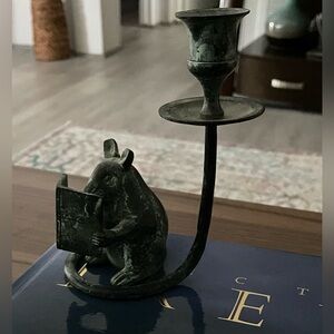 Bronze Green Reading Mouse Candle Holder - Home Art Accent